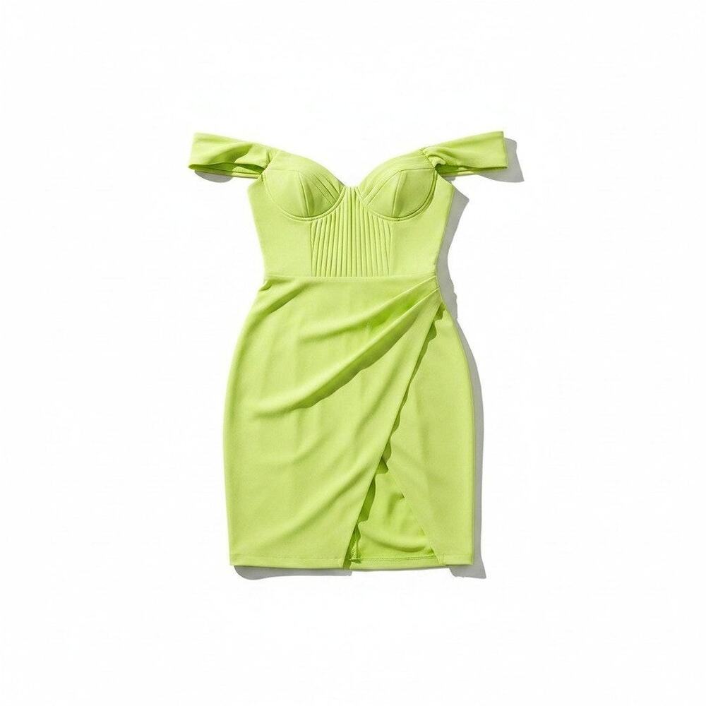 Lavish Alice New Pleated Bardot Midi Dress Bodycon Lime Green Size 4 Party Retro